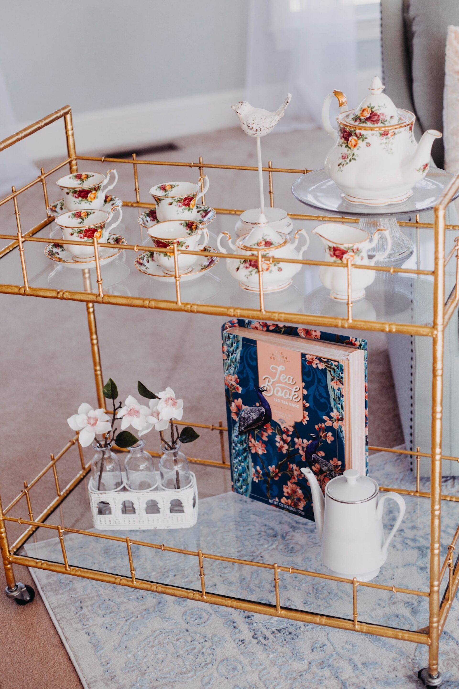 Bar Cart With Tea Set Teacups And Tea Pot