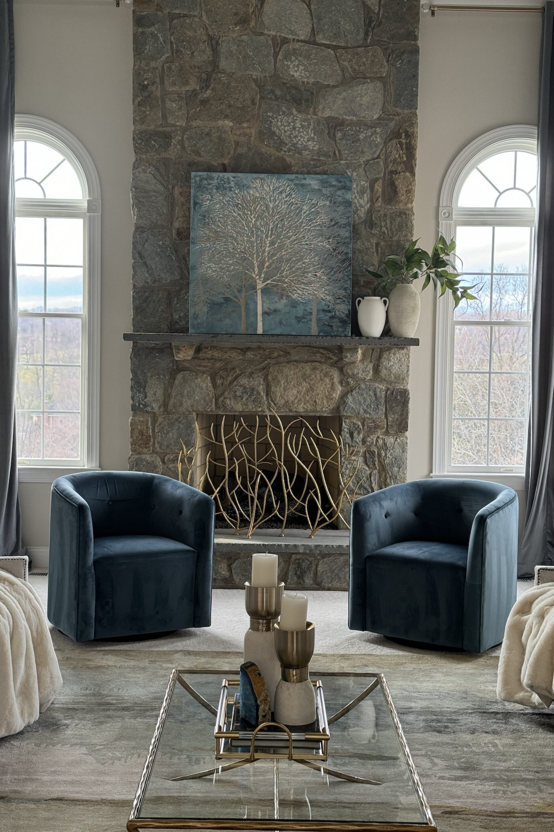 Blue Accent Chairs Stone Fireplace