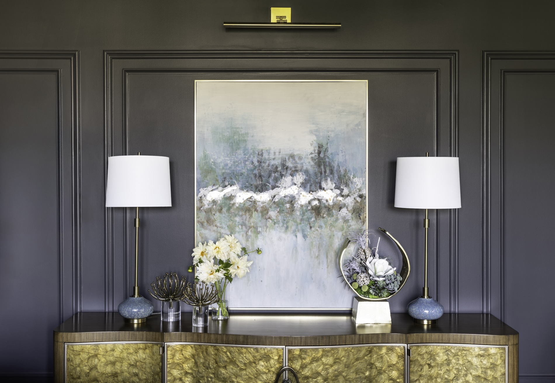 buffet with decor matching lamps