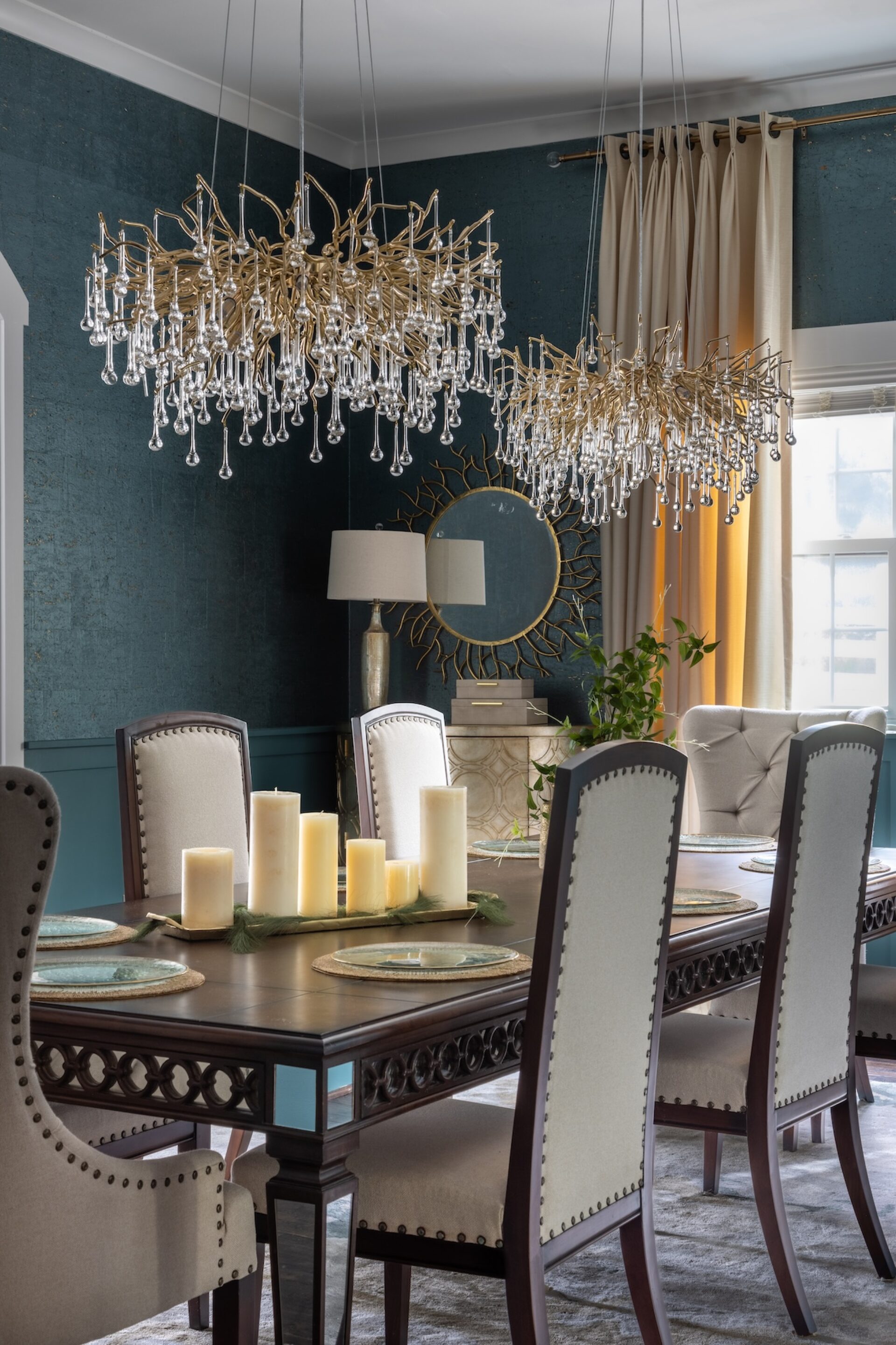 dining room table with candles and table settings