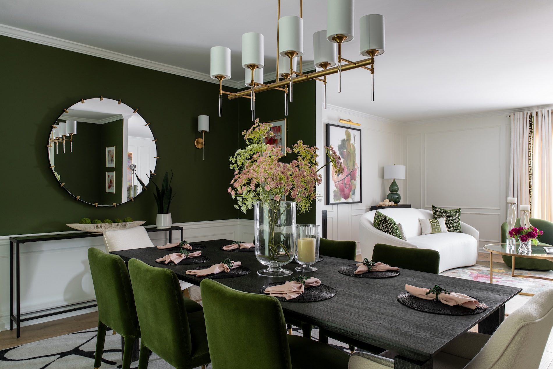 Green Dining Chairs Dining Room With Round Mirror