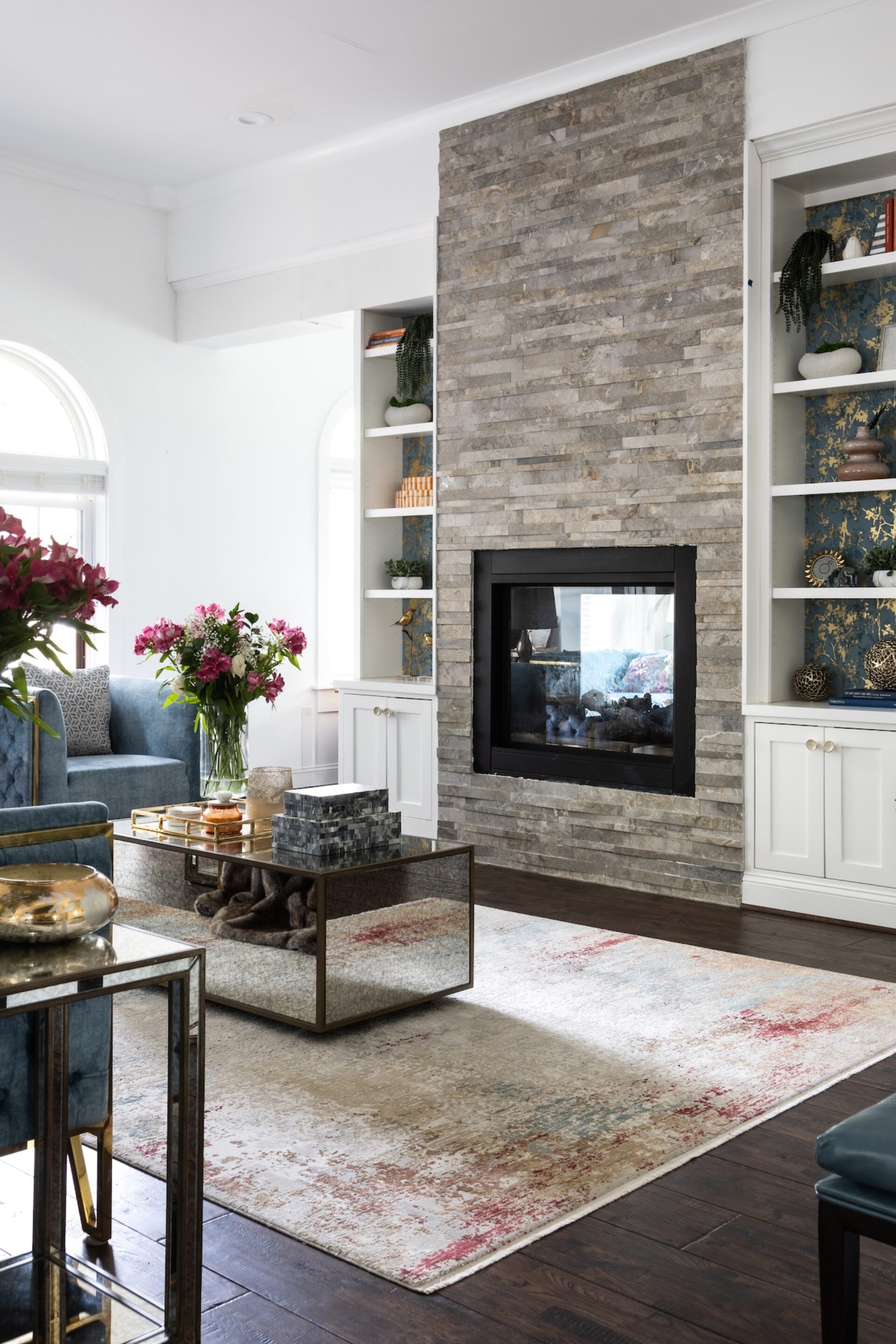 living room design with built ins around fireplace