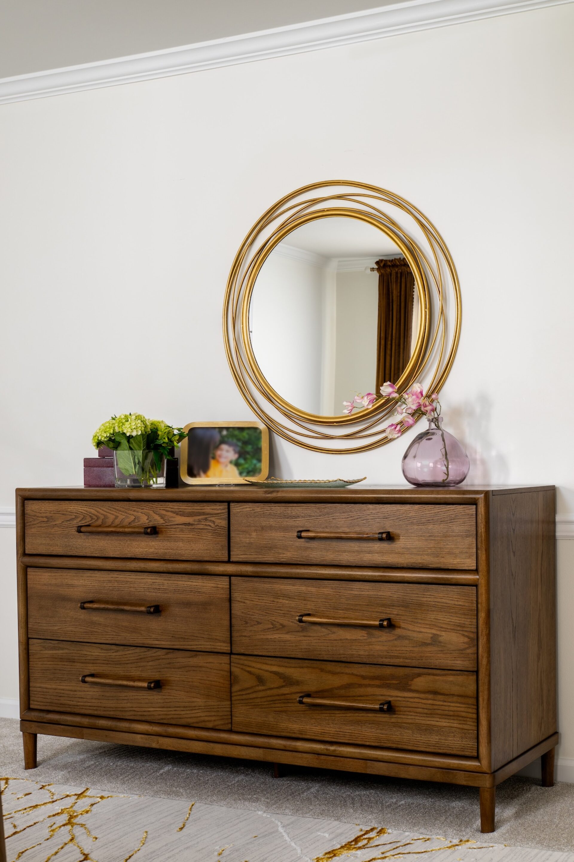Wood Dresser With Round Gold Mirror